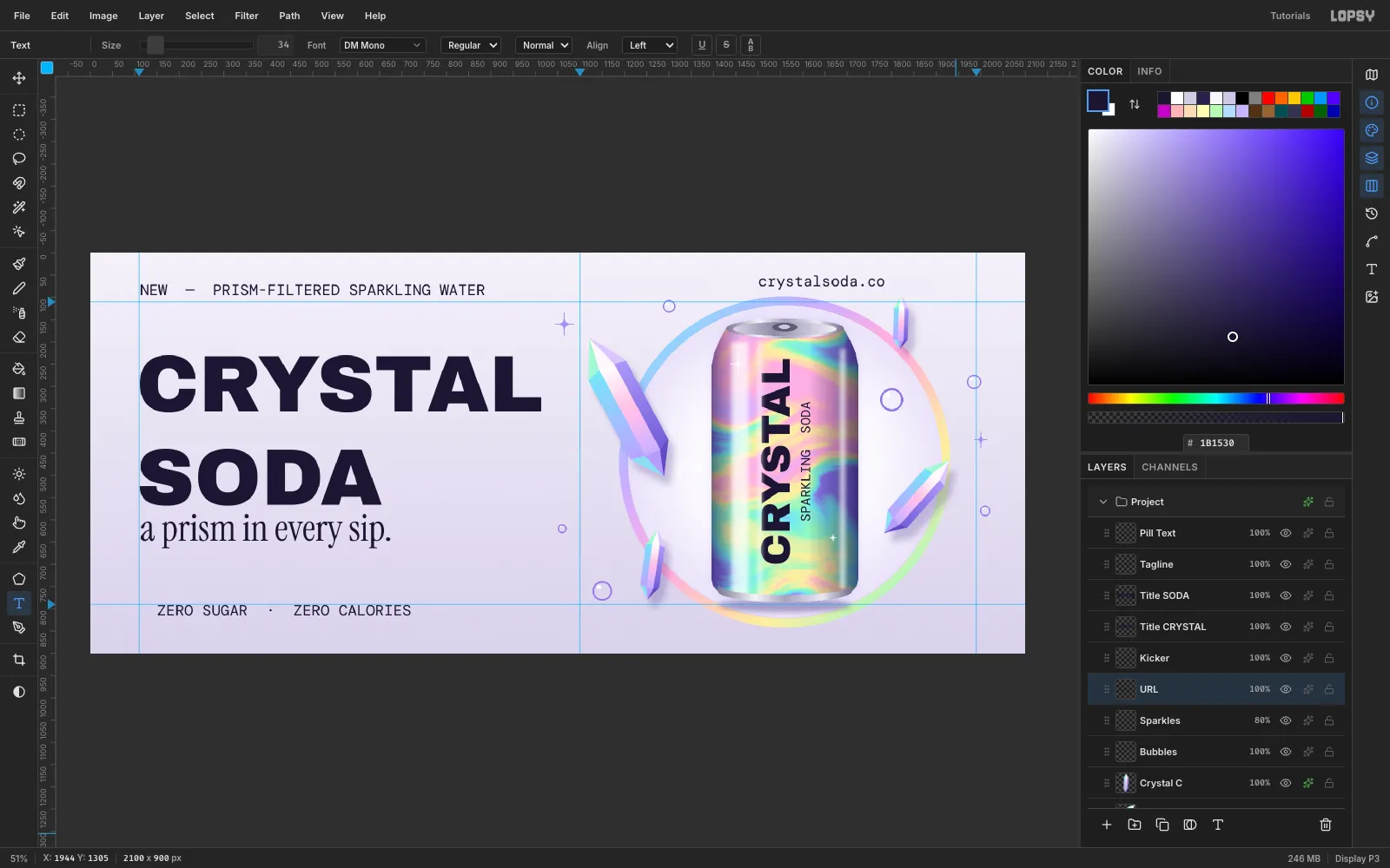 CRYSTAL SODA in Archivo Black, the tagline in Instrument Serif, a kicker line and a pill caption in DM Mono, and crystalsoda.co at the top right
