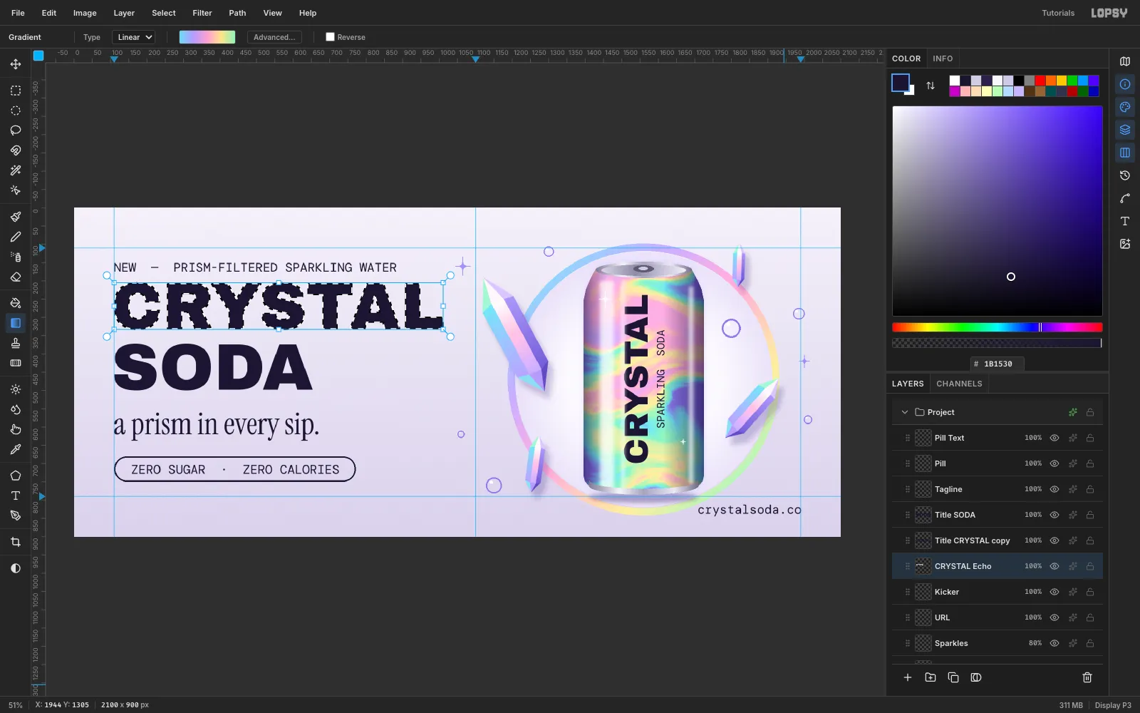 The rasterized CRYSTAL layer selected with the Magic Wand and filled with a pastel rainbow gradient, sitting behind a navy copy