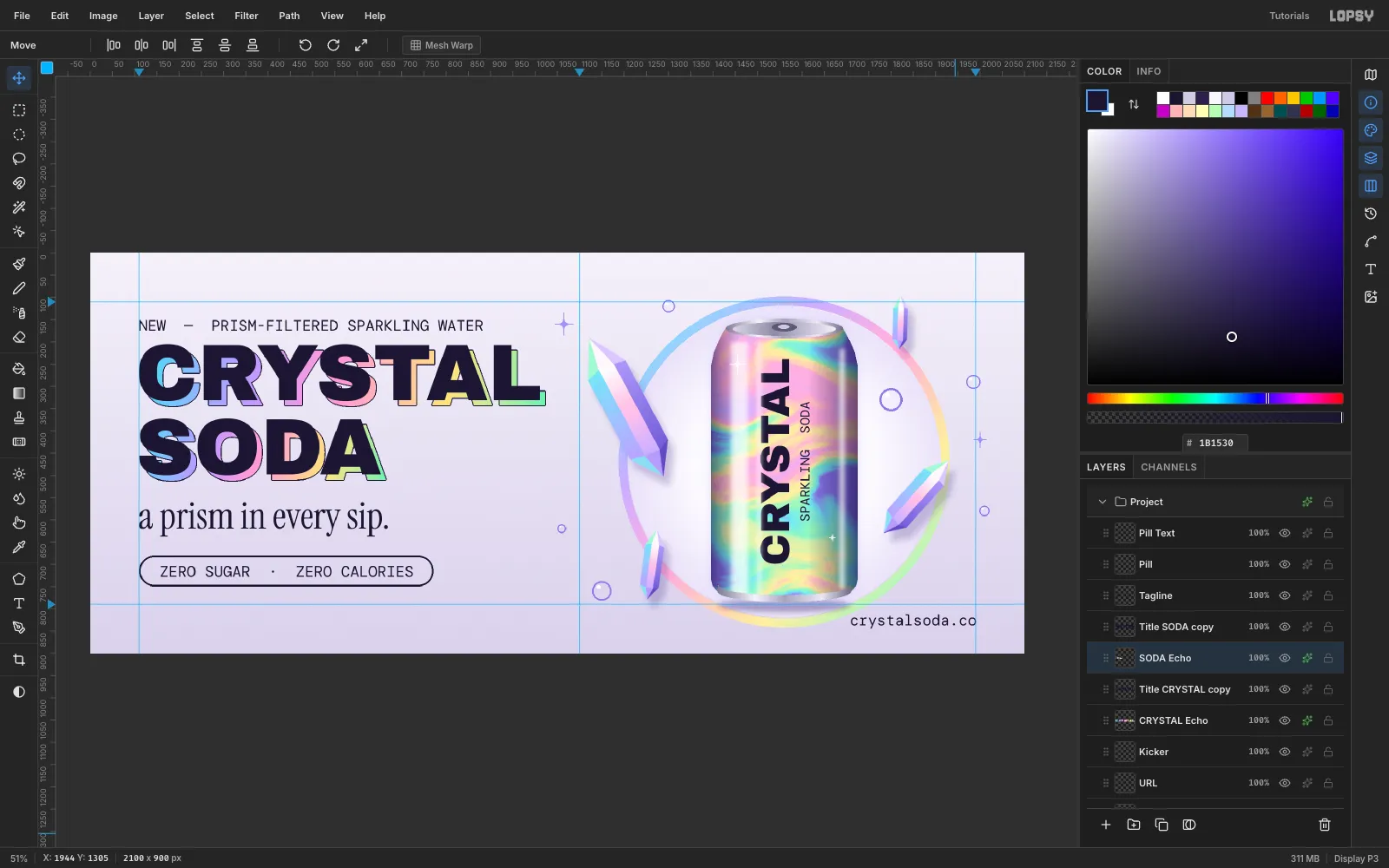 CRYSTAL SODA in navy with rainbow echoes offset 12 pixels down and to the right, each echo outlined in thin navy
