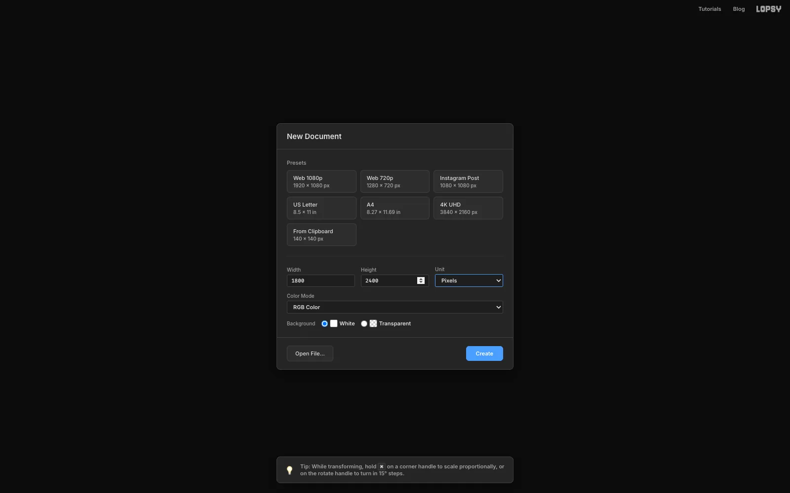The Lopsy New Document dialog with Width set to 1800 and Height to 2400 pixels