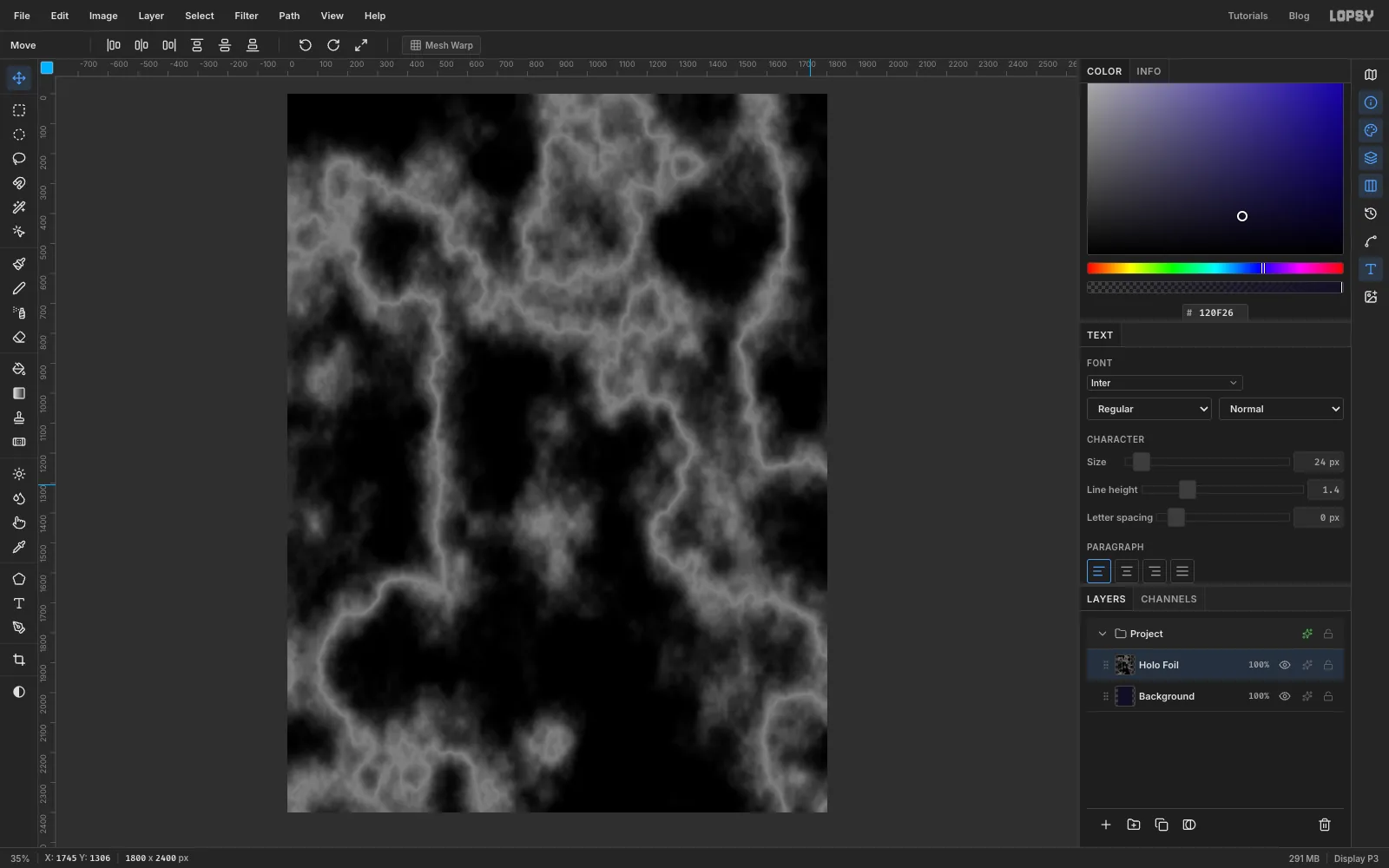 The canvas filled with grey Clouds after Solarize, showing glowing crinkled ridges on black
