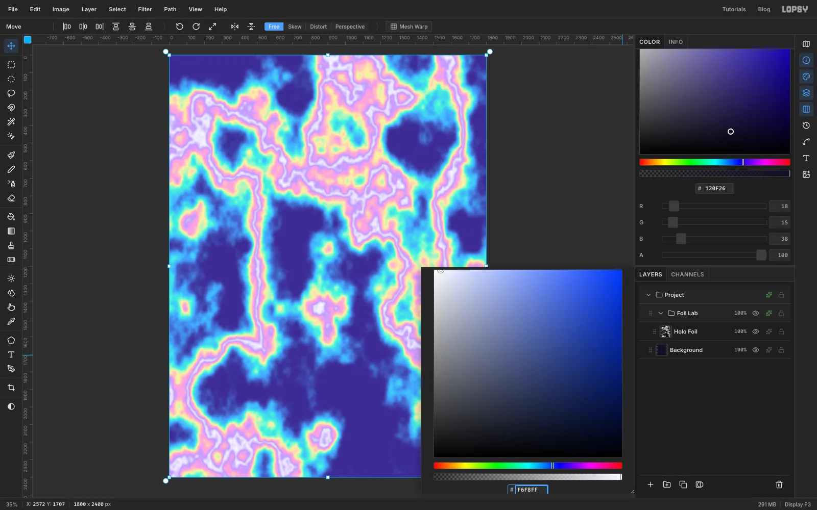The Foil Lab group's drawer with a seven-stop Gradient Map, turning the clouds into indigo, sky blue, mint, butter, pink and lavender bands