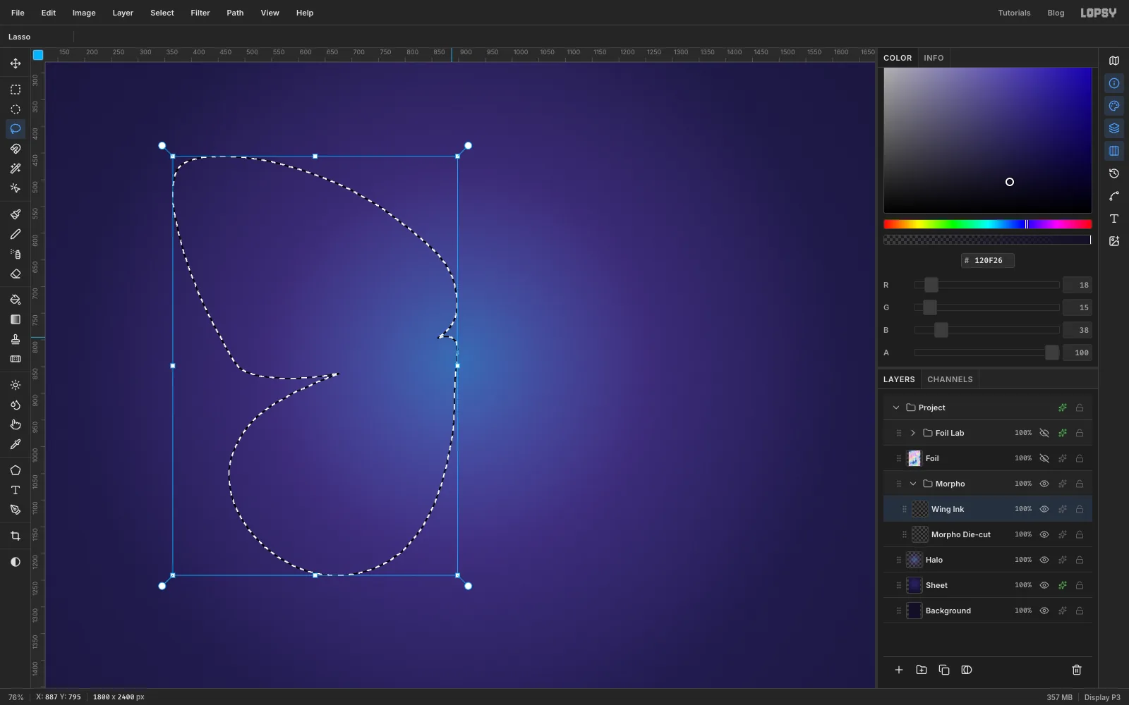 A forewing lasso and a hindwing lasso added together into one selection on the left half of the sheet