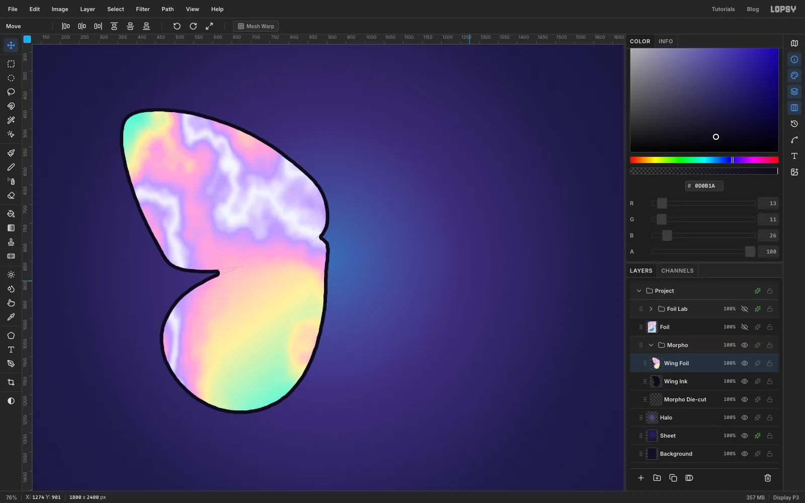 The wing filled with the holographic foil inside its black outline
