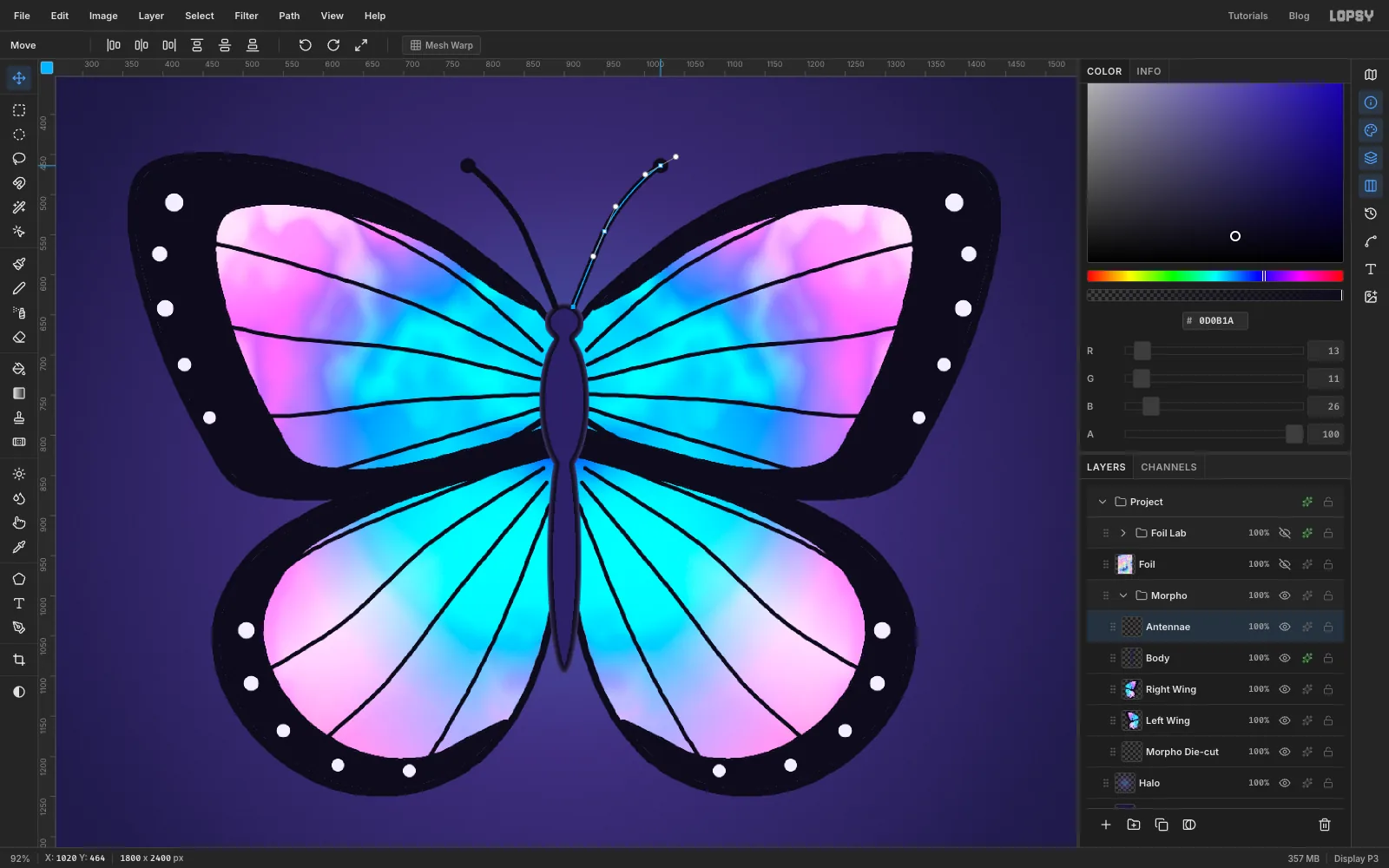 The butterfly with a dark violet body and two curved antennae, one still showing its Pen path