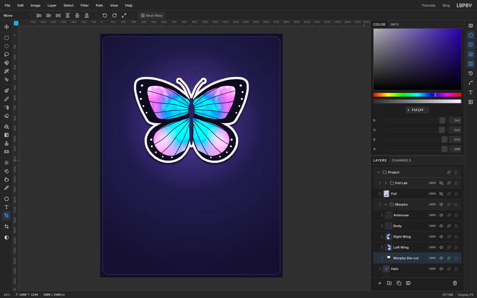 The butterfly with a thick white sticker border and a soft drop shadow on the indigo sheet