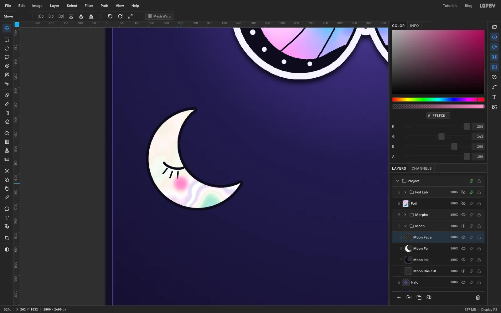 A pearly opal crescent moon with a closed eye, three lashes and a pink blush, below the butterfly on the left