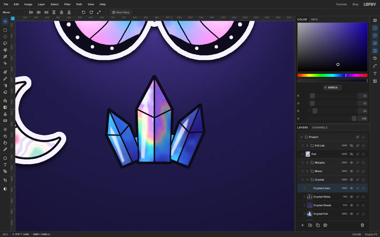 Three holographic crystals with darker right faces, white shine streaks and black facet lines