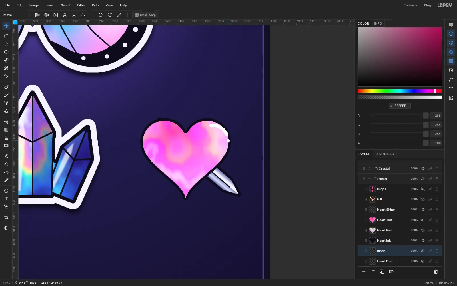A pink holographic heart with a chrome blade showing only where it exits at the lower right