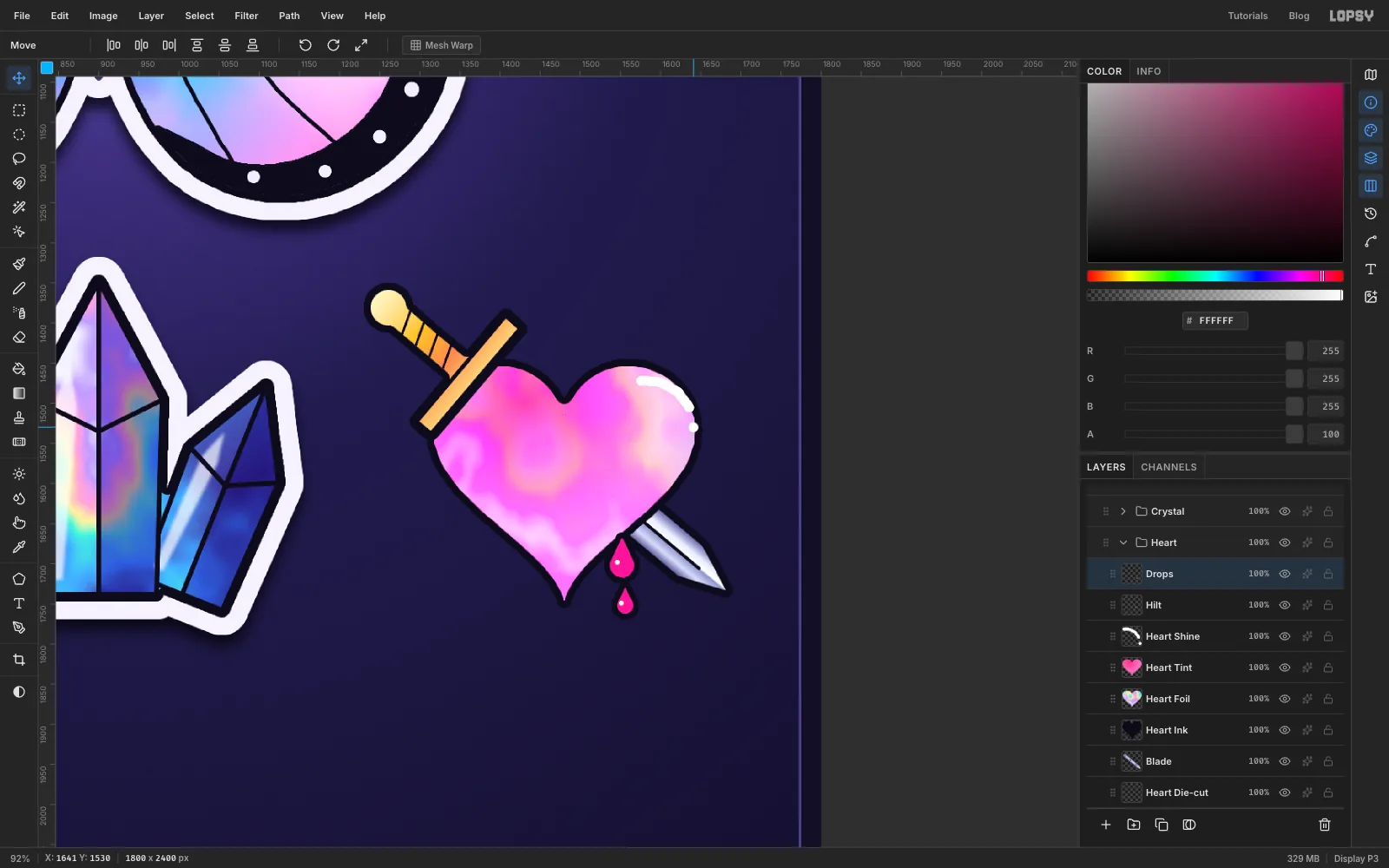 The gold hilt and crossguard in front of the heart's upper-left edge, and two pink drops hanging where the blade exits