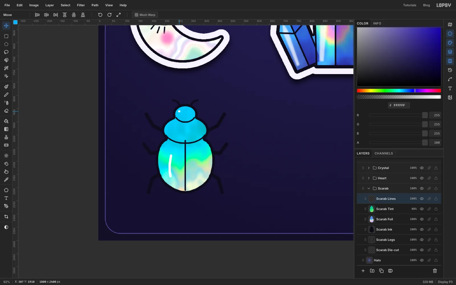 A teal-to-green holographic scarab with black legs, a split down its wing cases and two white glints