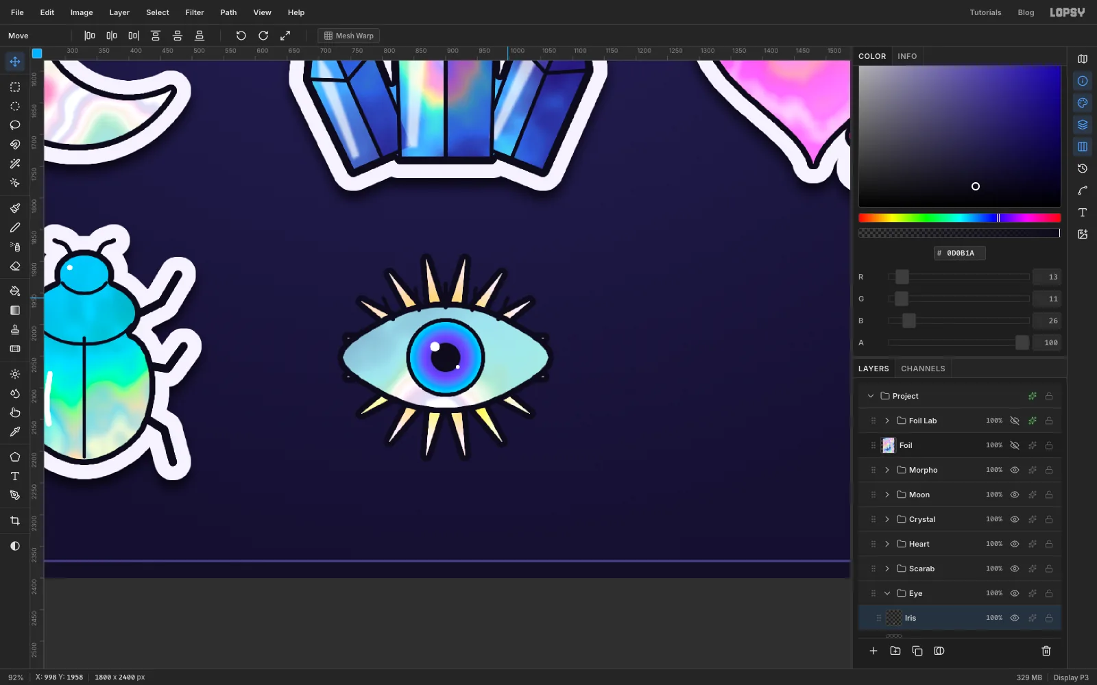 An opal almond eye with a violet-to-cyan iris, black pupil and white glints, ringed by gold holographic rays