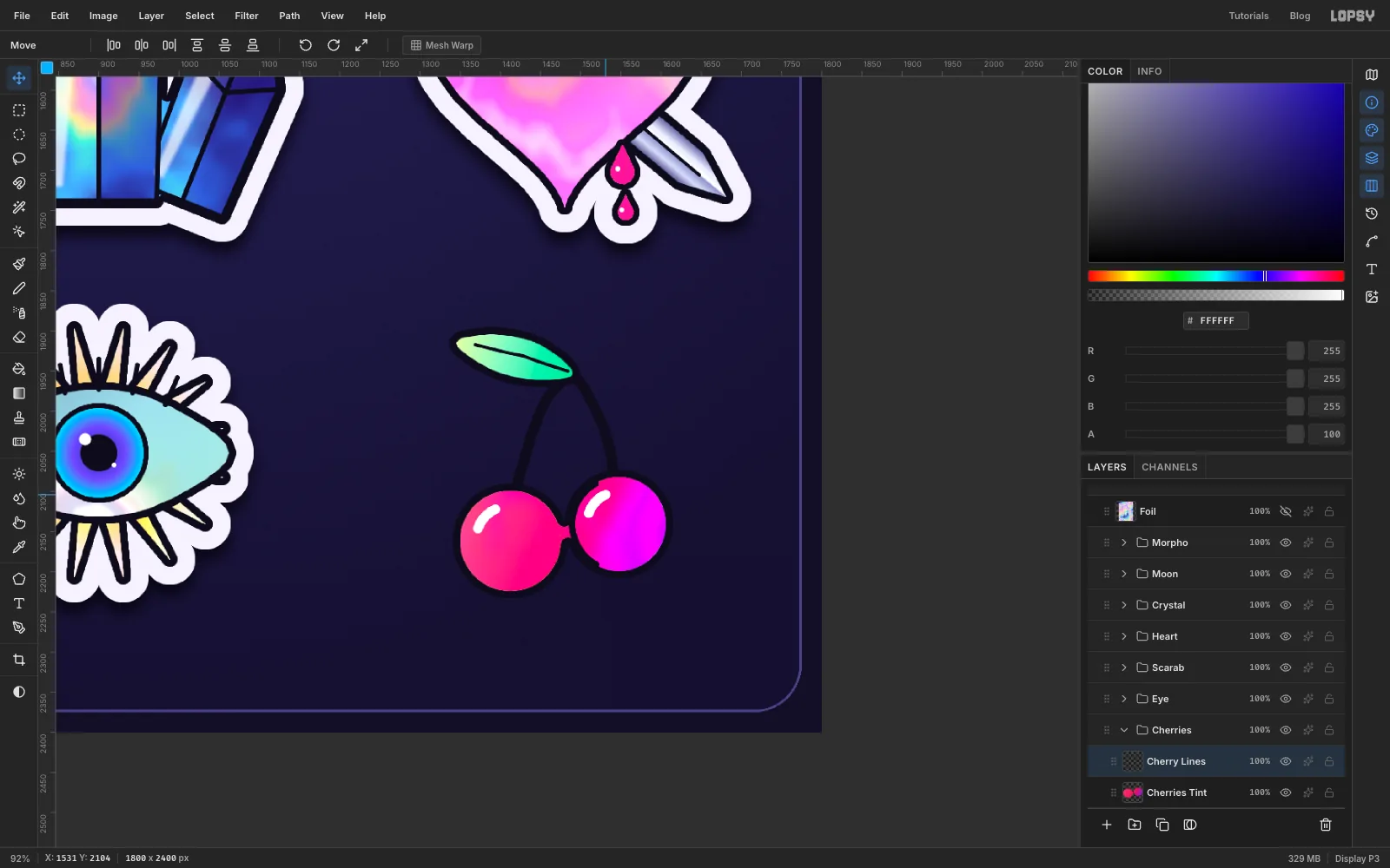 Two glossy magenta holographic cherries on black stems with a mint leaf