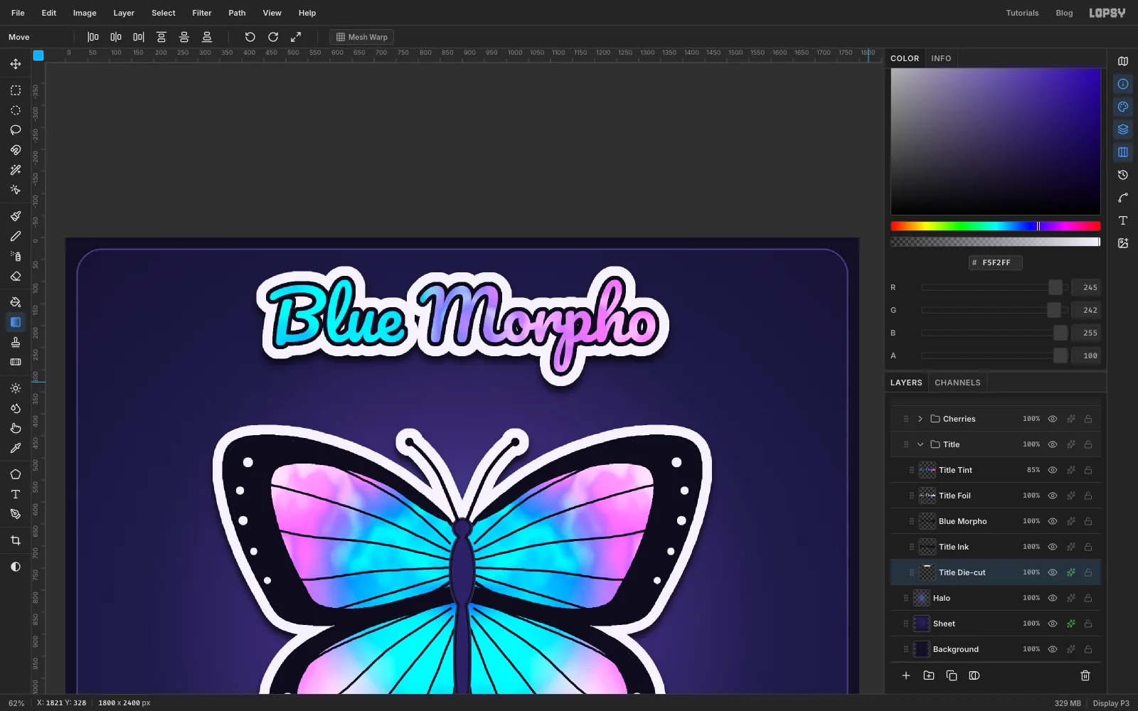 The words Blue Morpho in bold Pacifico script with a cyan-to-pink holographic fill, black outline and white die-cut border
