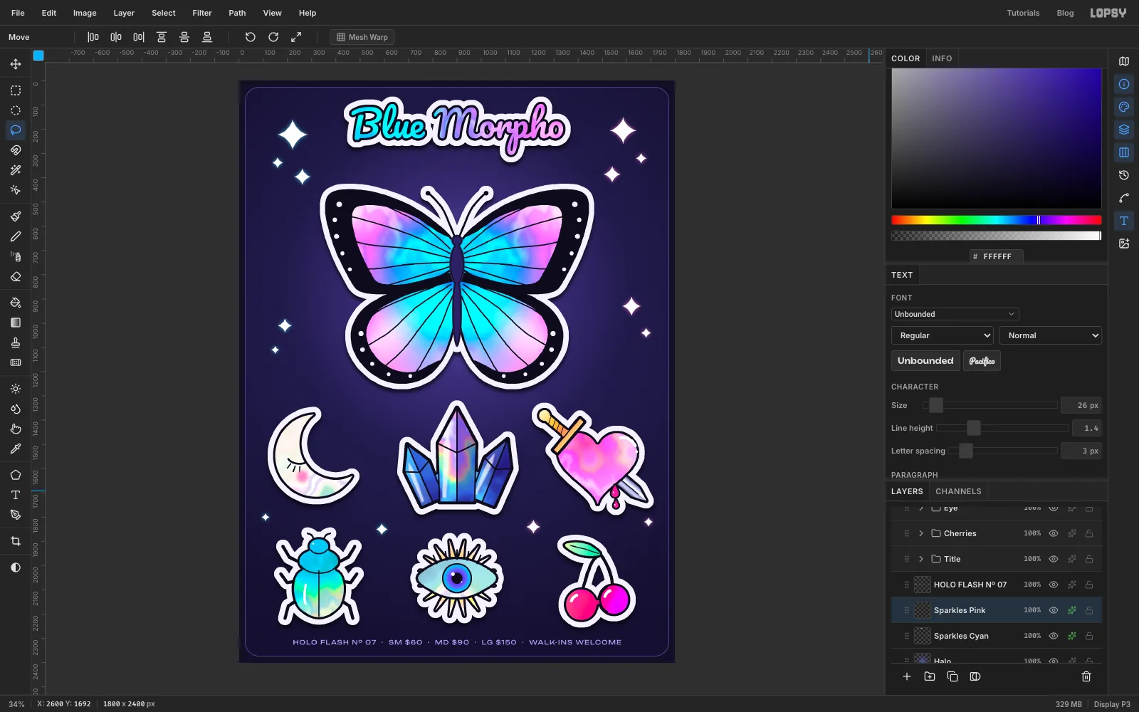 Four-point white sparkles in small clusters beside the title and butterfly, glowing cyan on the left and pink on the right