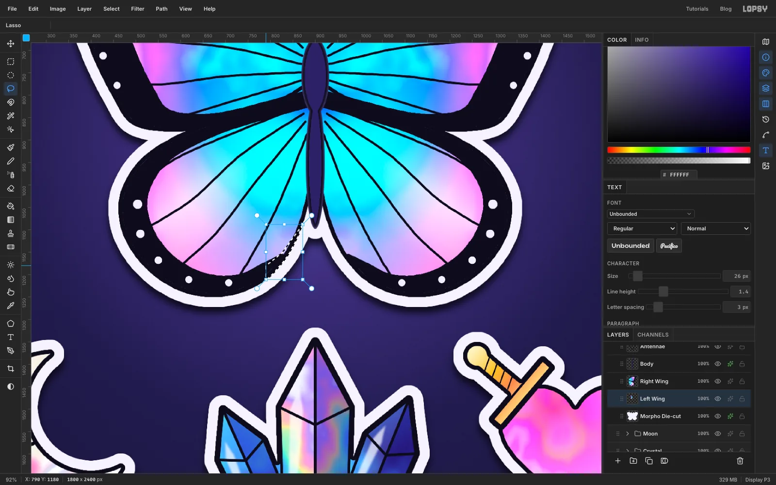 The inner bottom of the hindwing selected with an intersect lasso, ready to extend the black margin into the body