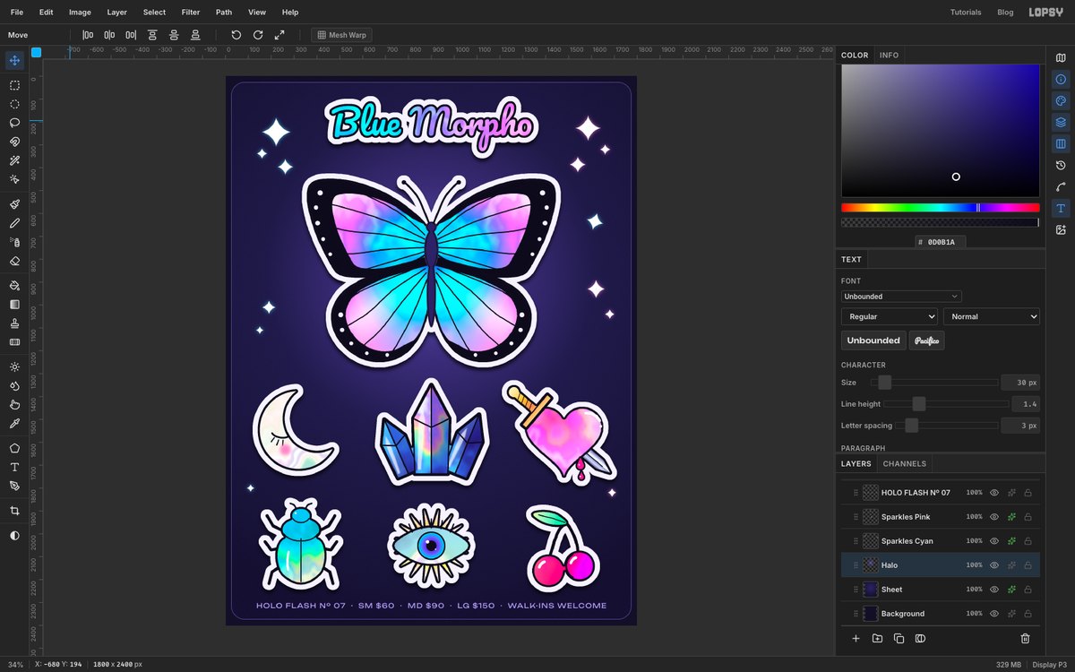 Lopsy at fit-to-screen zoom showing the finished Blue Morpho holographic flash sheet. An iridescent butterfly sticker is in the centre, and six smaller holo stickers, a moon, crystals, a pierced heart, a scarab, an eye and cherries, sit below it on a dark indigo sheet. The Layers panel is on the right.