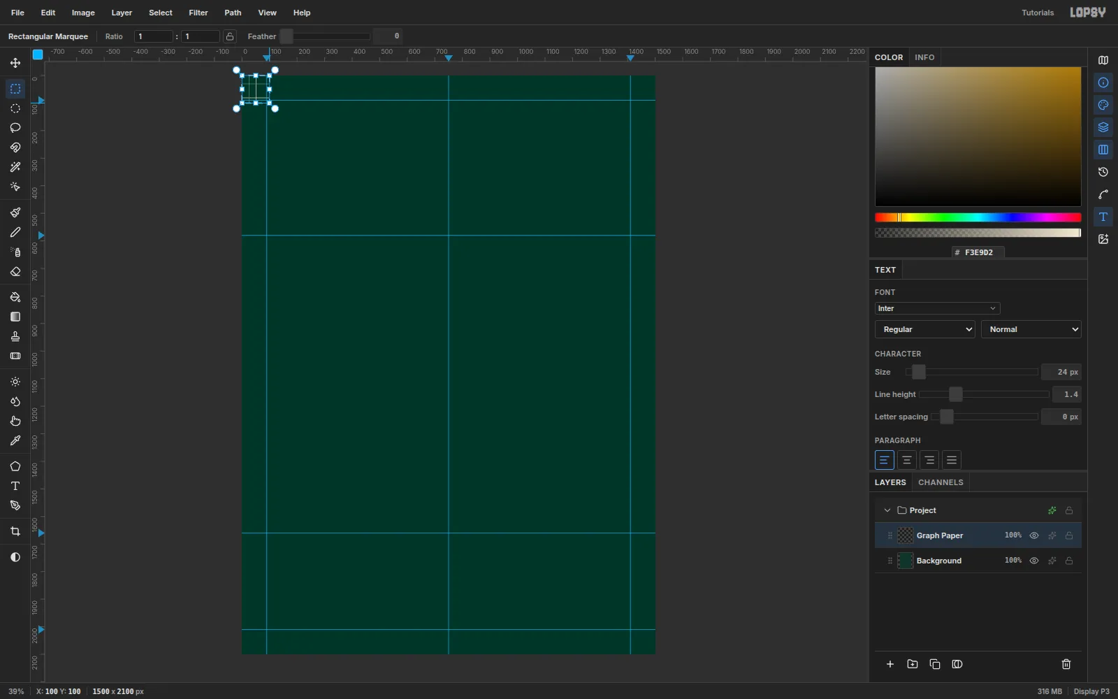 The top-left corner of the canvas with a 100 by 100 pixel marquee around a tile of thin grid lines