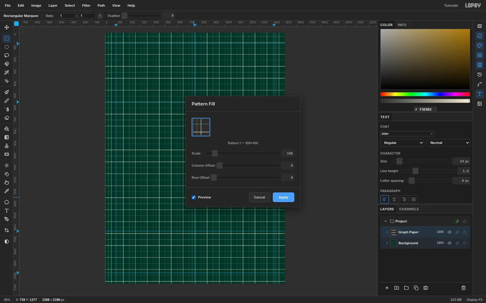 The Pattern Fill dialog with the 100 by 100 grid tile selected and Preview on, showing a cream graph-paper grid over the whole canvas