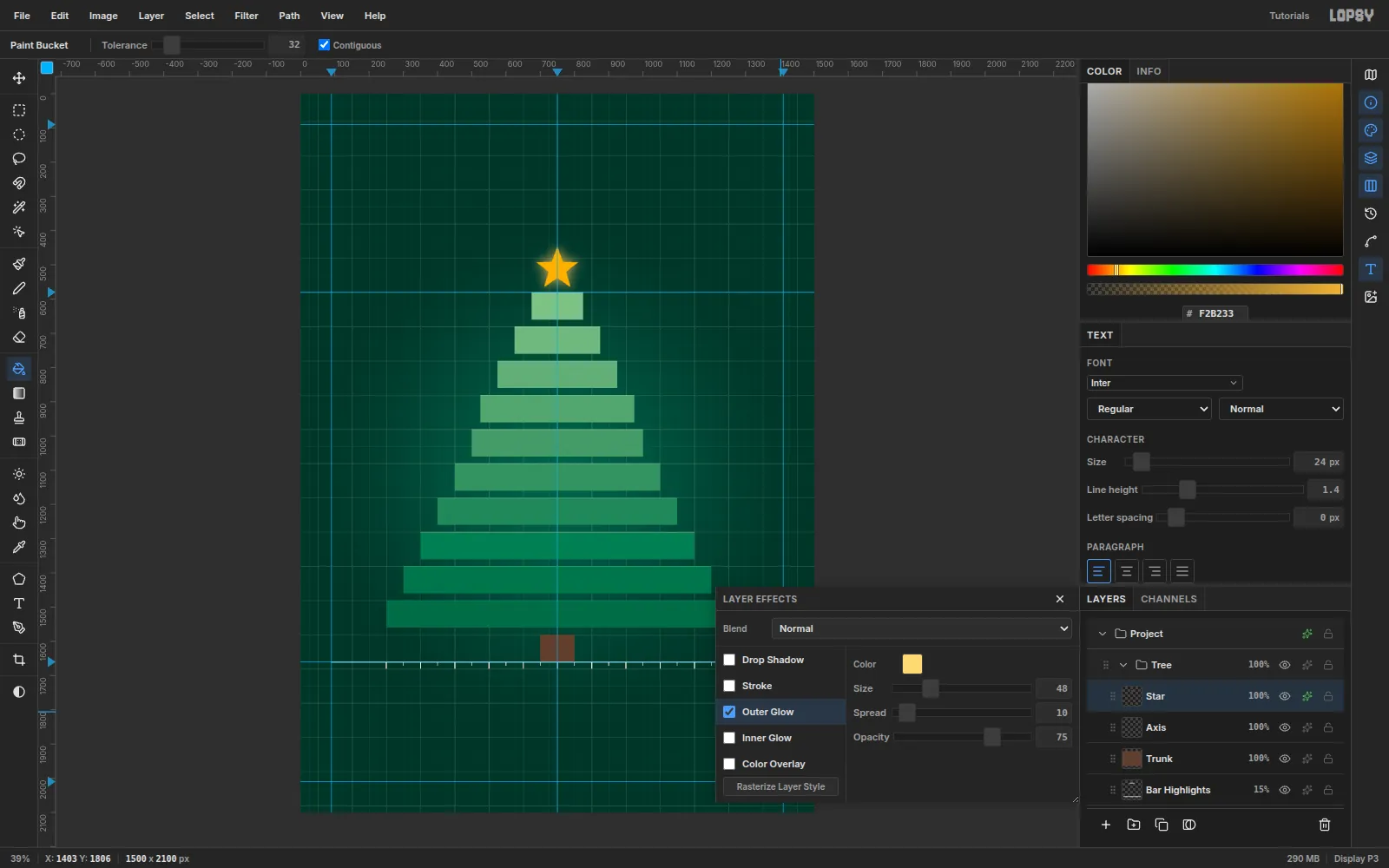 The gold star with a warm outer glow above the top bar, the Layer Effects drawer open on Outer Glow