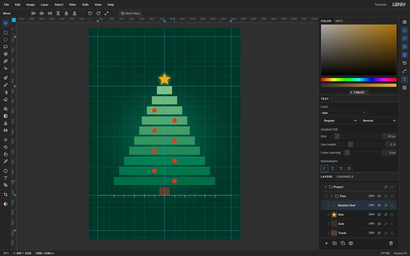 Eight red baubles alternating left and right of center down the tree