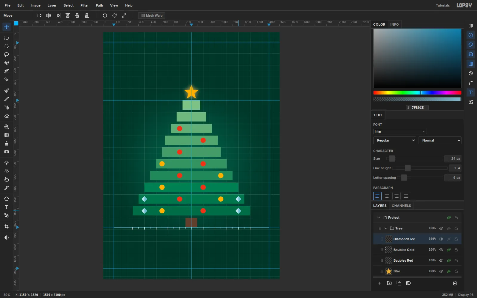 The tree with all seventeen ornaments in their slots, including four two-tone ice diamonds near the ends of the bottom two bars