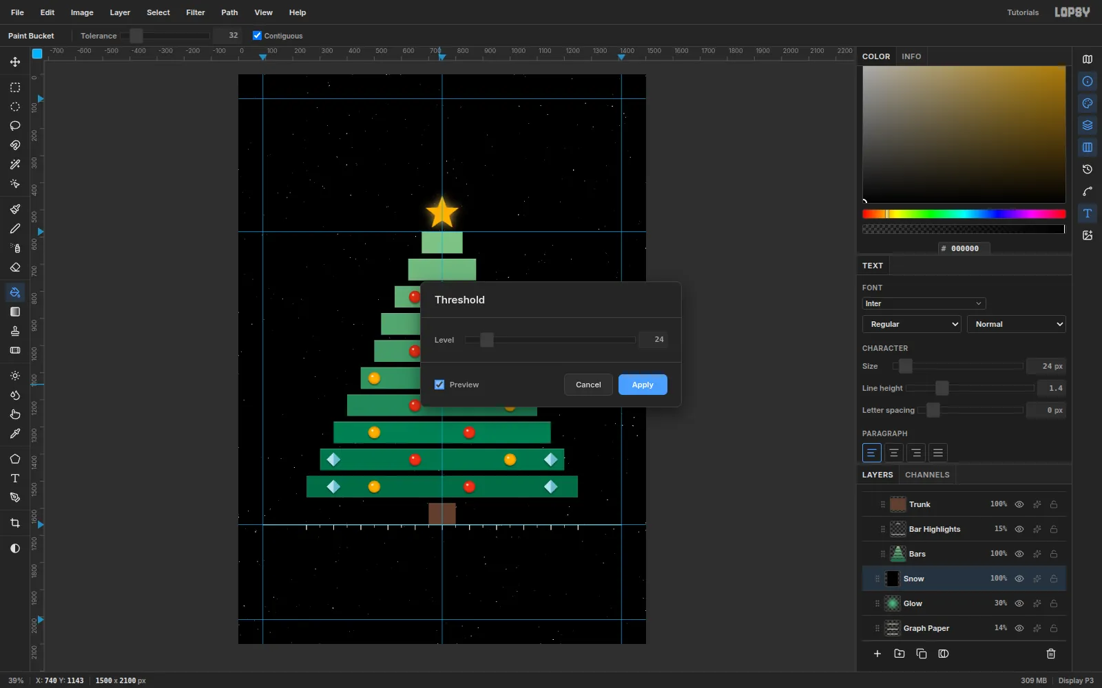 A black layer covered in noise with the Threshold dialog previewing it as scattered white specks