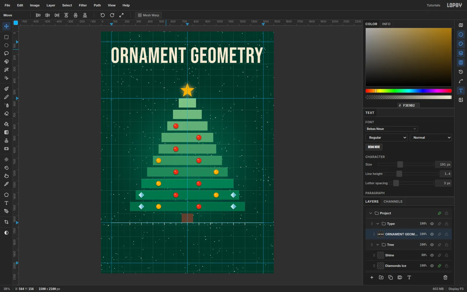 ORNAMENT GEOMETRY in tall cream Bebas Neue across the top of the card