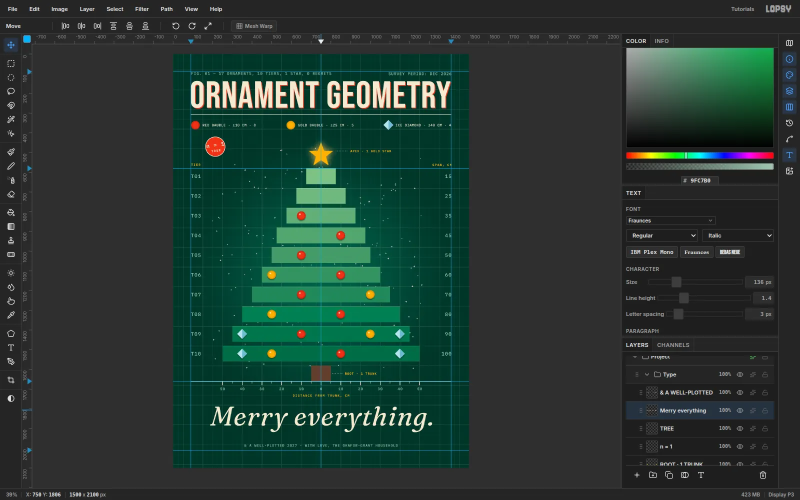 Merry everything. in large cream Fraunces italic centered under the axis caption