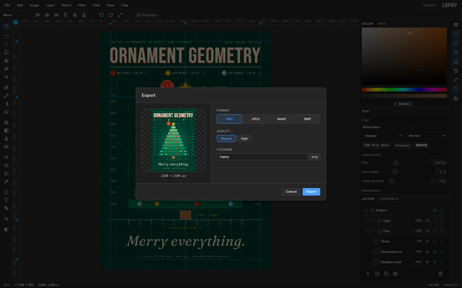 The Export dialog showing a preview of the finished card, PNG selected, 1500 by 2100 px
