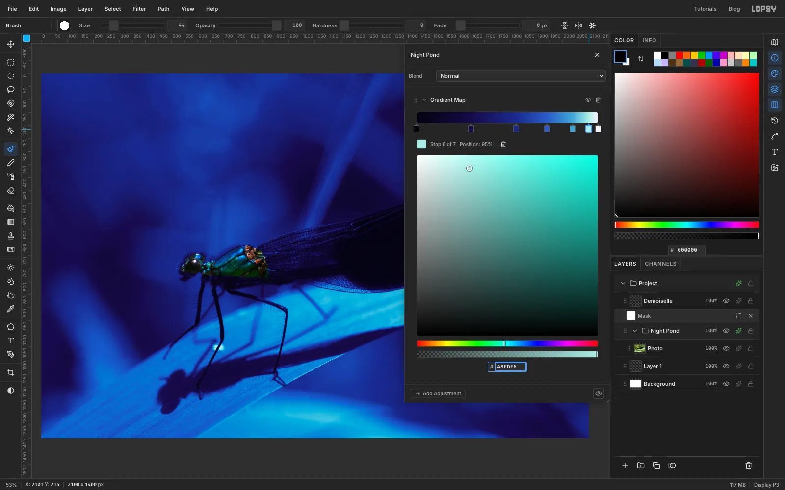 The Gradient Map adjustment open on the Night Pond group, turning the green photo into near-black navy shadows, ultramarine midtones and cyan highlights