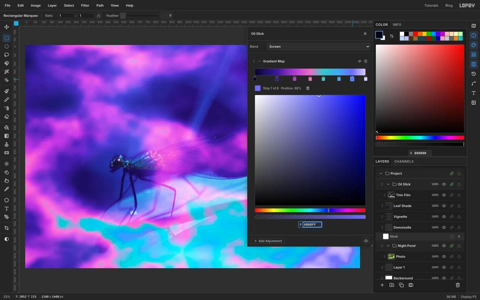 The smoke group with a spectrum Gradient Map in Screen mode, washing the whole scene in magenta, violet and teal swirls