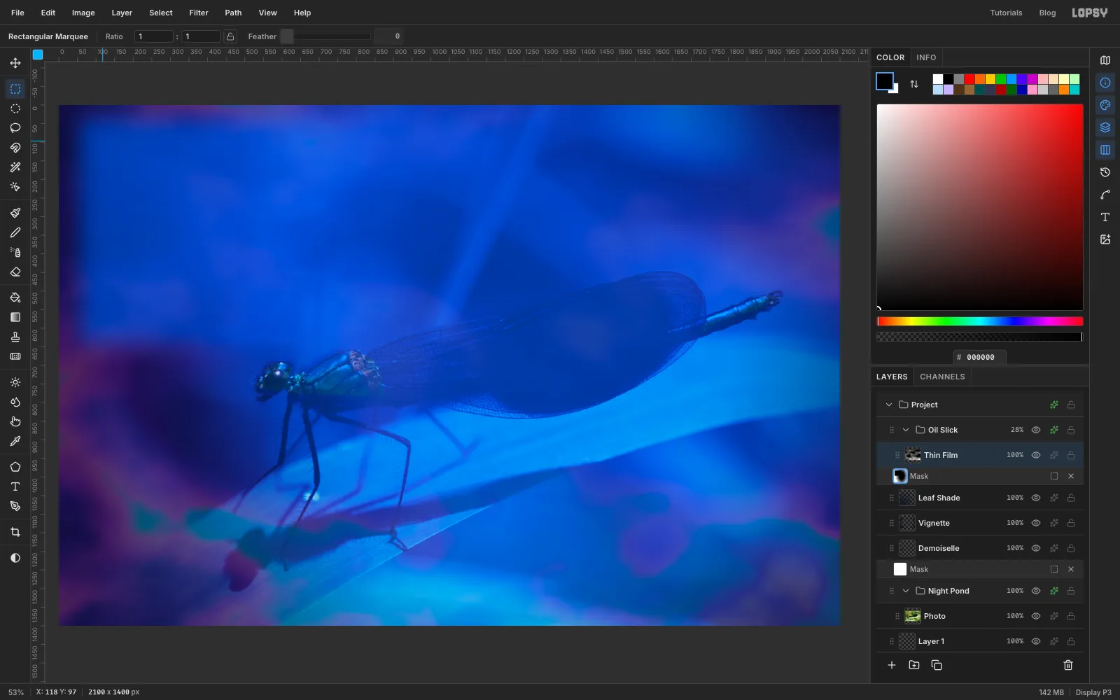 The Thin Film mask in edit mode: the oil-slick film now shows only in the corners, faded away from the damselfly and the empty title area