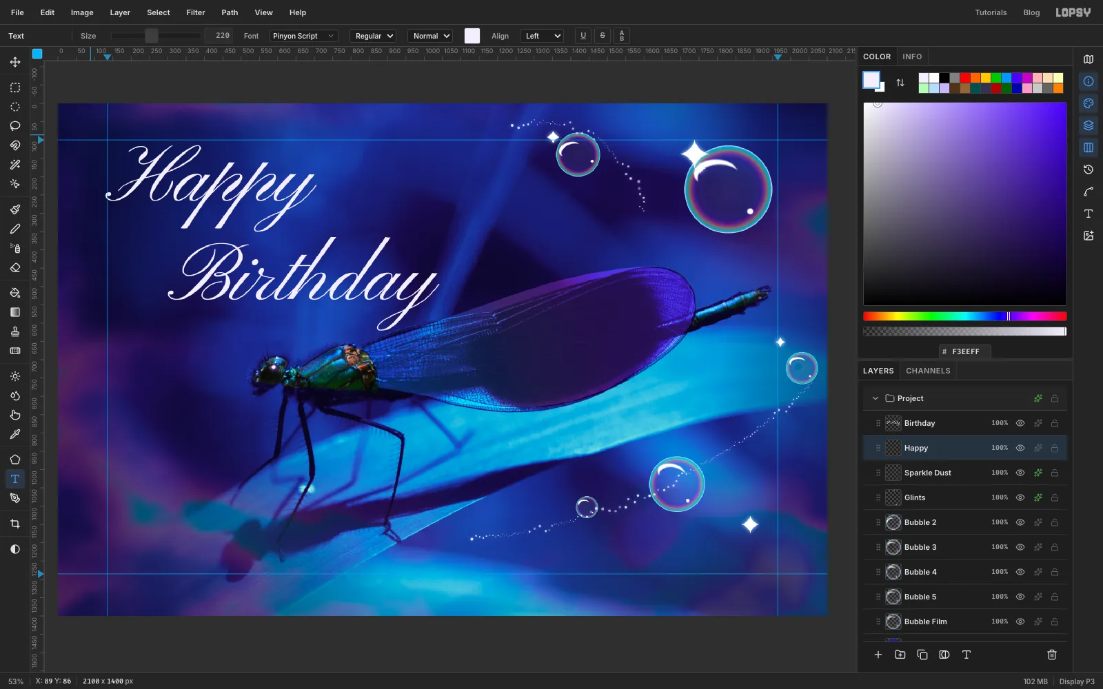 Happy and Birthday typed in white Pinyon Script on two separate text layers at the top left, before they are lined up