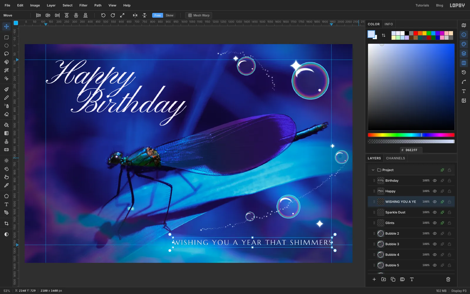 The caption WISHING YOU A YEAR THAT SHIMMERS in spaced small capitals, its right edge on the right guide, with Happy and Birthday aligned to the top-left guides