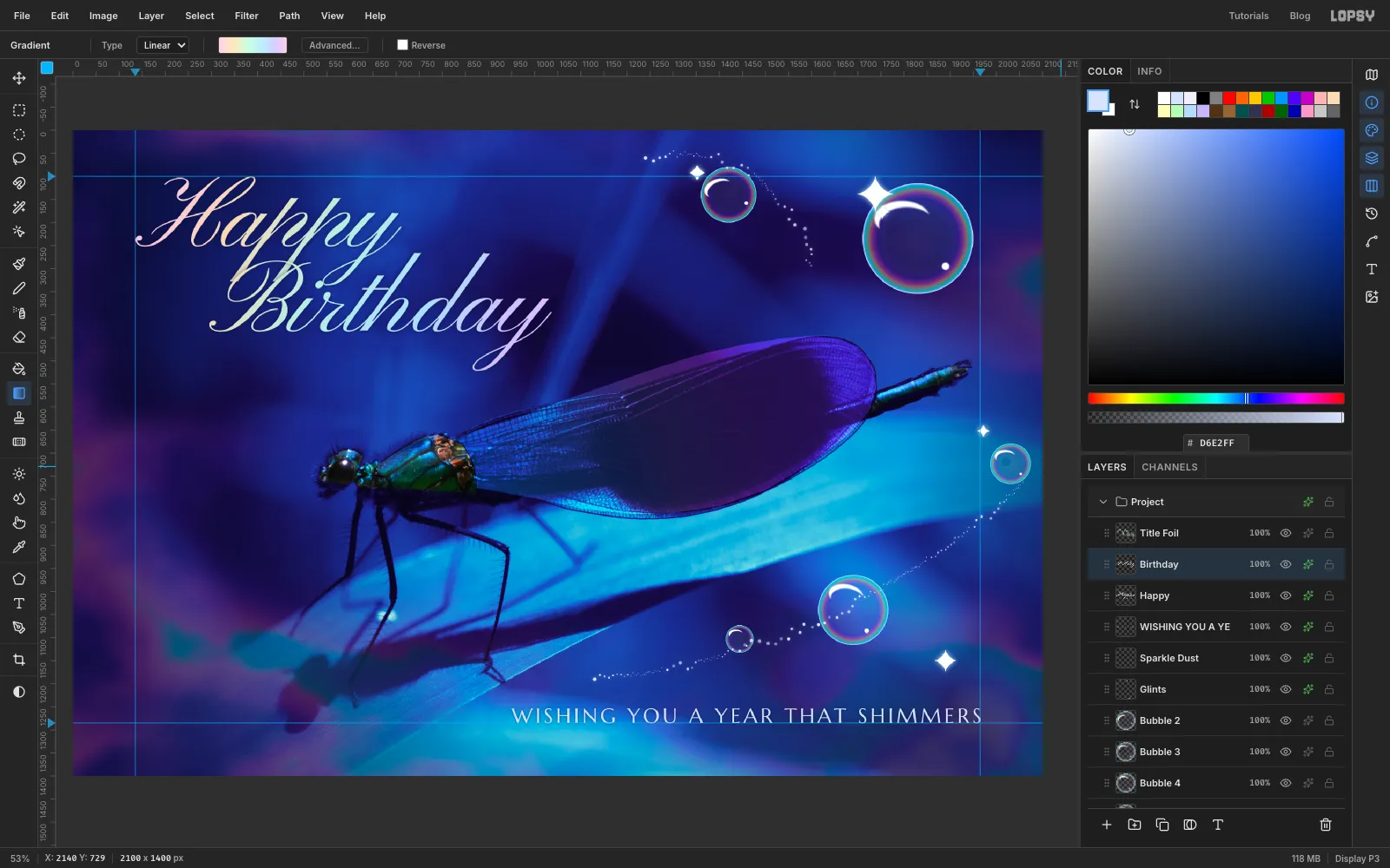 Happy Birthday in pastel foil with a soft deep-navy outer glow lifting it off the background
