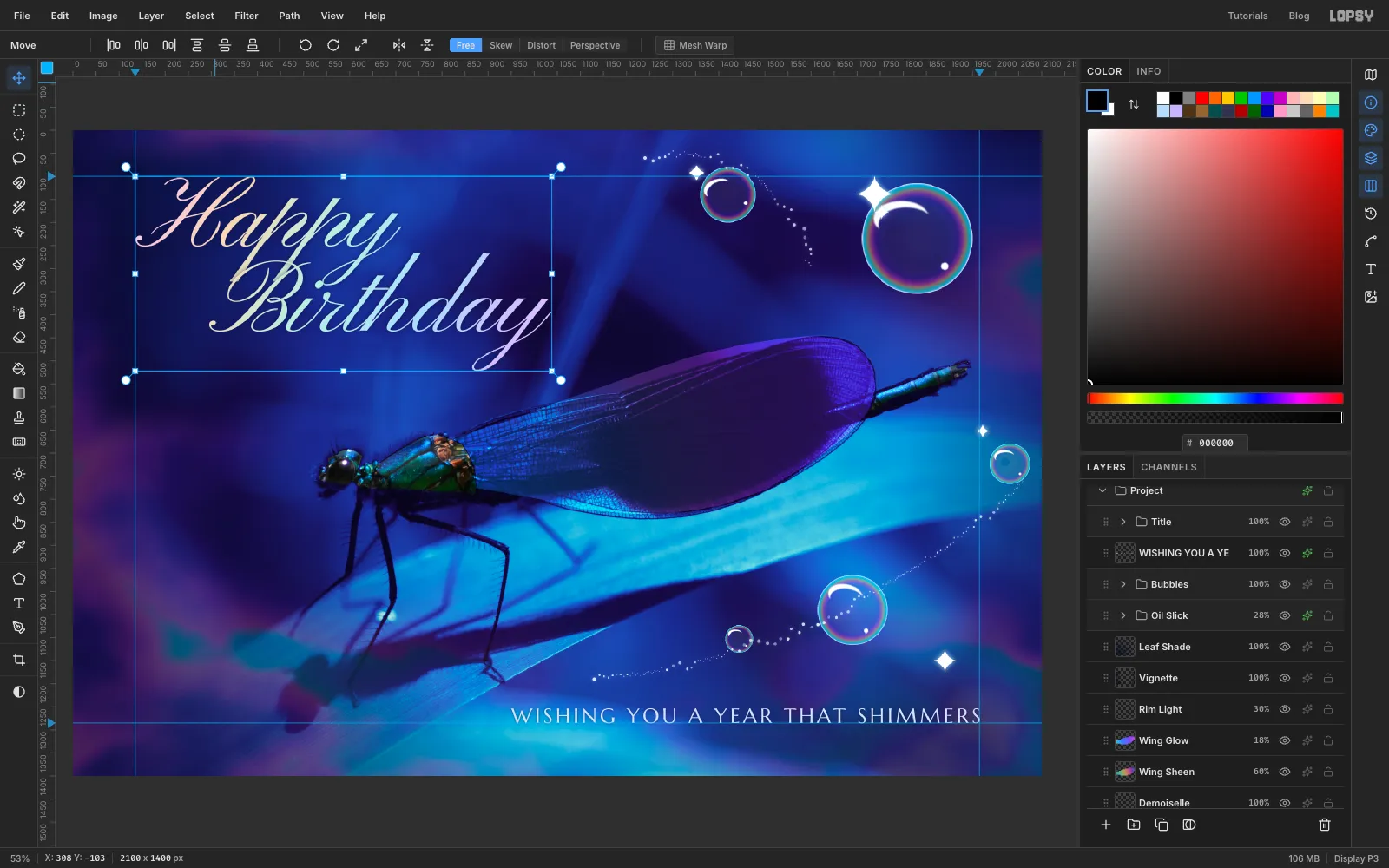 The Layers panel with Bubbles and Title groups collapsed, and the Title group's transform box showing around the script