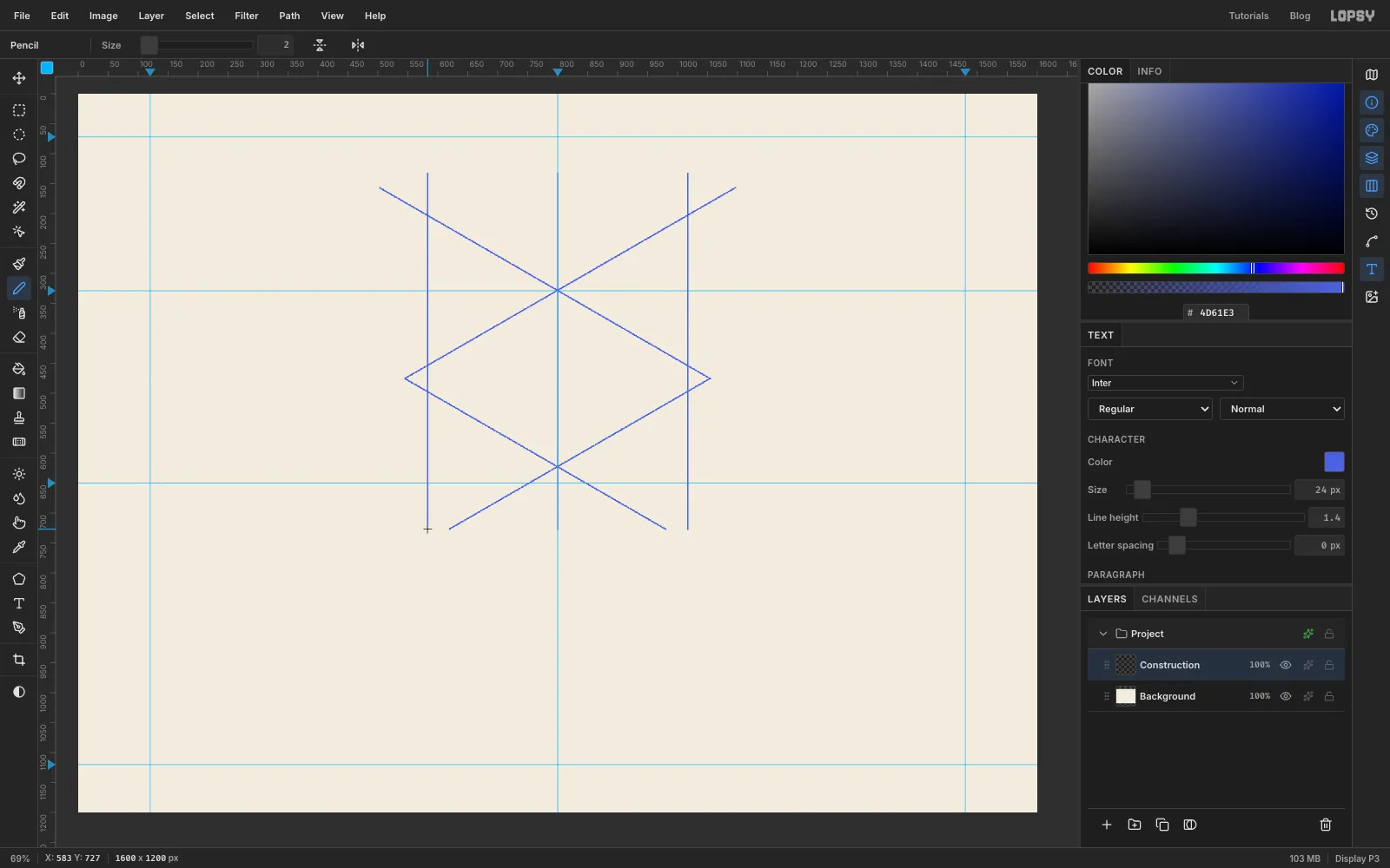 Thin blue pencil lines forming an X shape with a long vertical axis and two shorter verticals, all meeting at what will be the slab corners