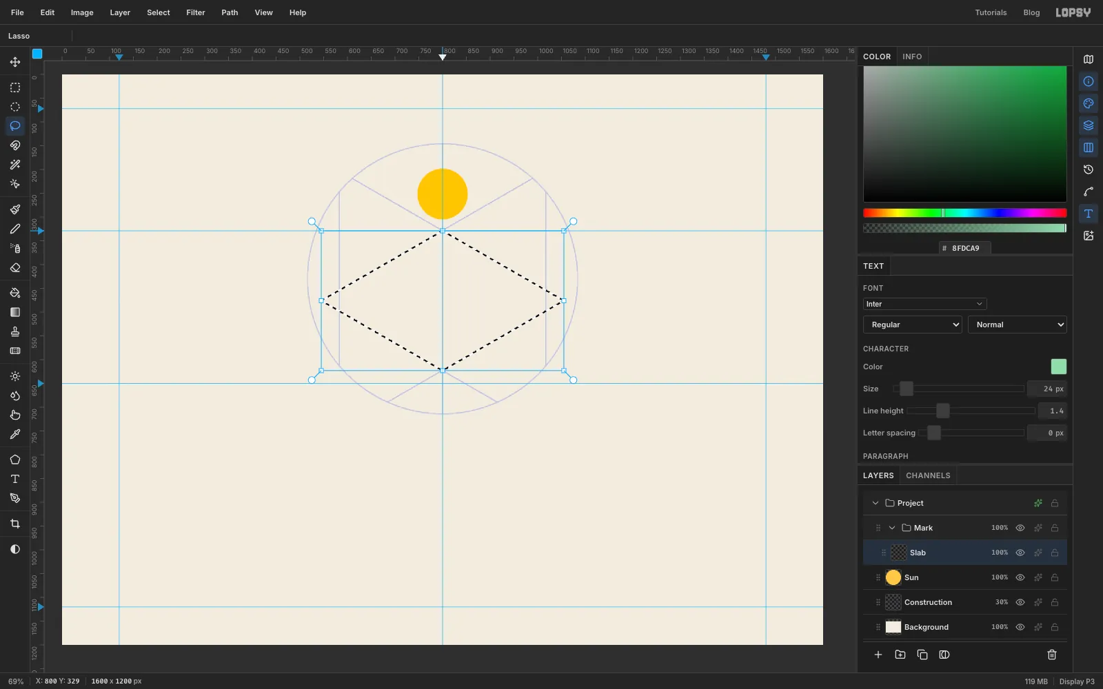 A sun disc above a lasso tracing the diamond-shaped top of the slab along the construction lines