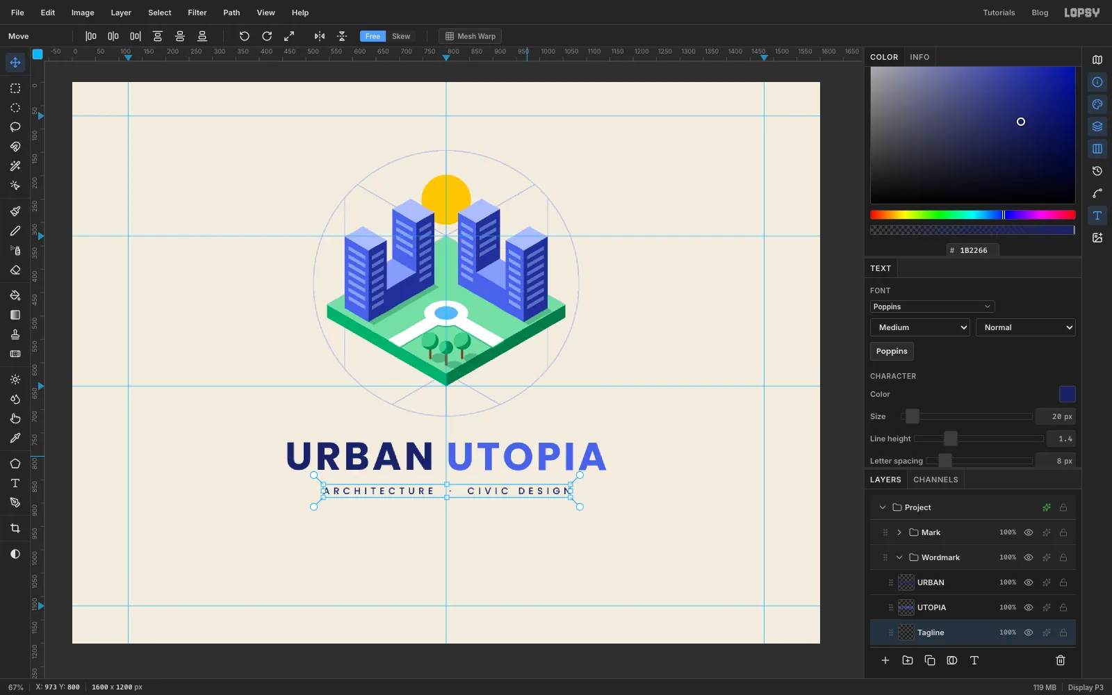 URBAN in navy and UTOPIA in bright blue in bold geometric capitals under the mark, with a tracked tagline centred below