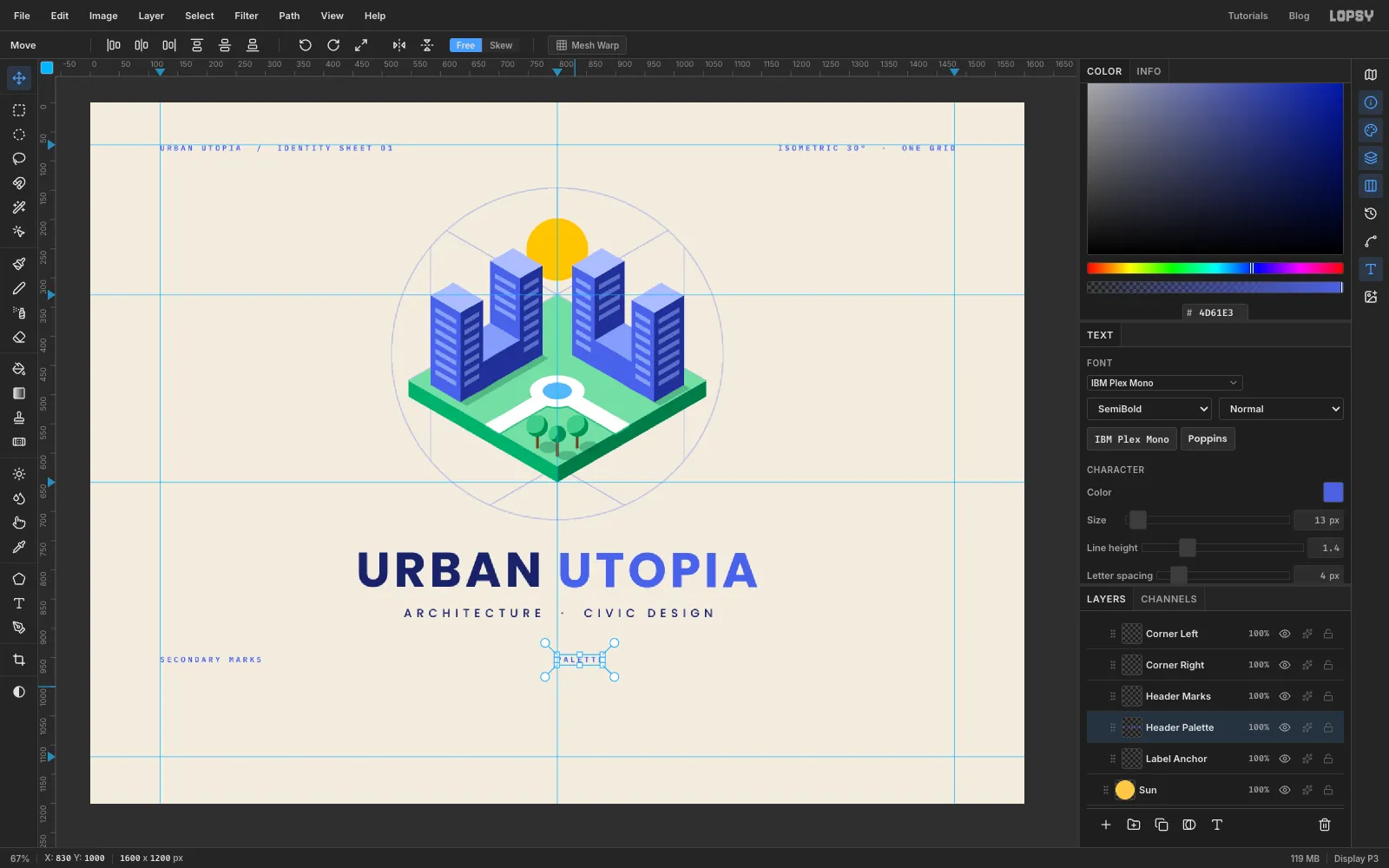 Small tracked blue labels at the top corners and above the bottom band, reading URBAN UTOPIA / IDENTITY SHEET 01, ISOMETRIC 30° · ONE GRID, SECONDARY MARKS and PALETTE
