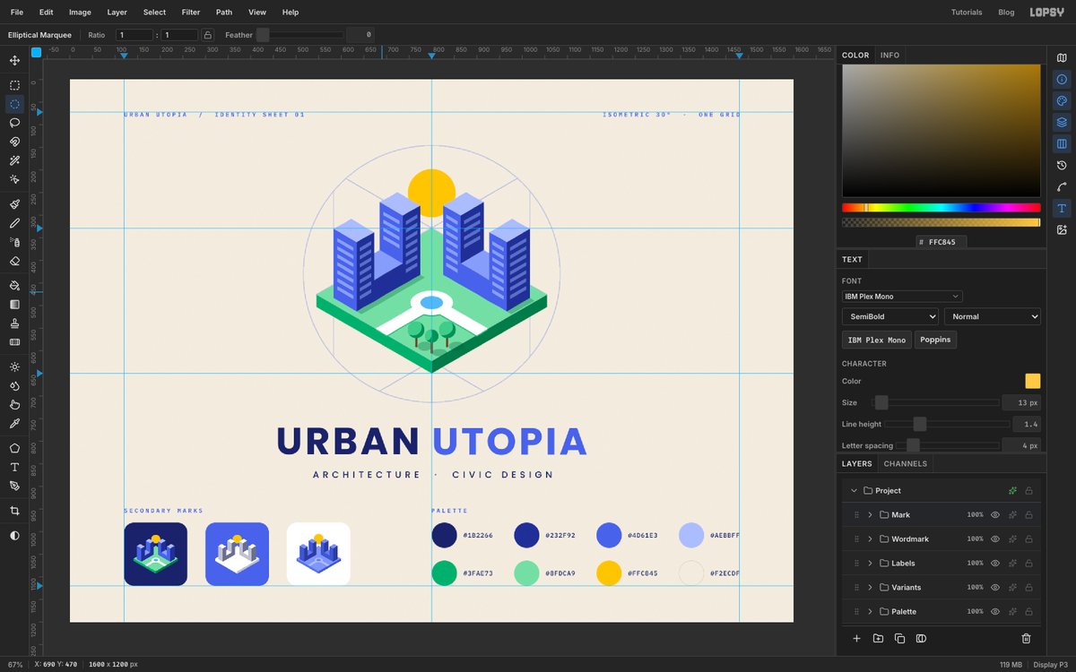 Lopsy showing the finished Urban Utopia identity sheet, an isometric park block with two blue U-shaped buildings and a yellow sun inside a faint construction circle, above the URBAN UTOPIA wordmark, three logo tiles and a palette grid