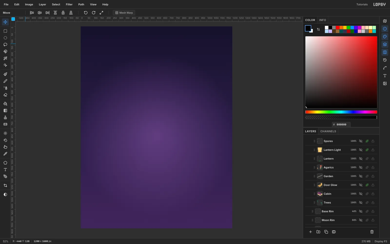 A 1200 by 1600 canvas filled with a dark indigo-to-purple gradient and a soft purple glow in the middle where the island will float