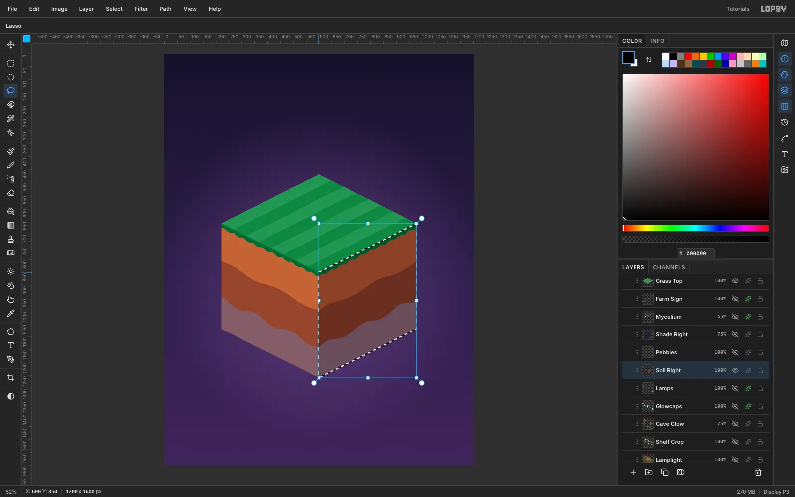 The isometric block with a green striped top, orange-brown left face and darker right face, each with wavy soil strata, and a lasso selection tracing the right face