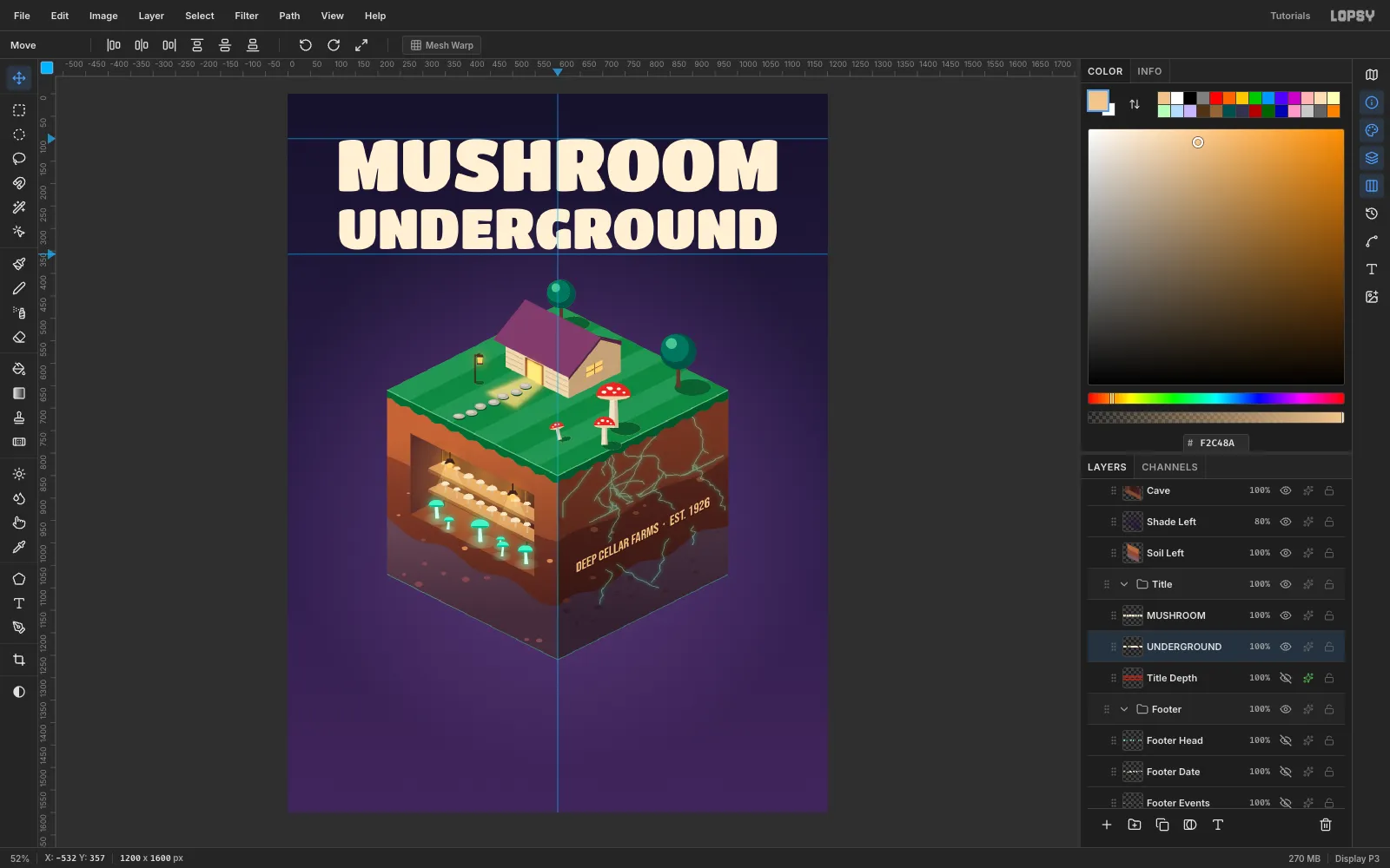 MUSHROOM UNDERGROUND in cream Titan One capitals across the top, both lines exactly the same width, with guides marking the centre and the title band