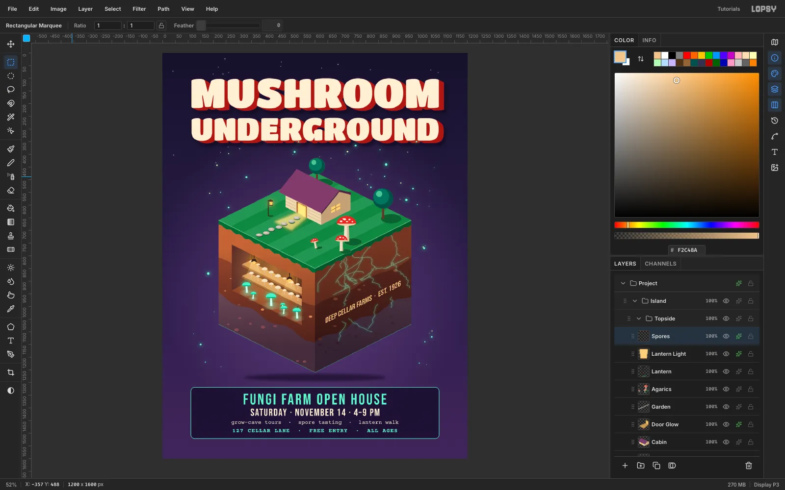 The finished flyer in Lopsy with glowing mint spores and small stars scattered through the sky and a soft shadow floating under the island