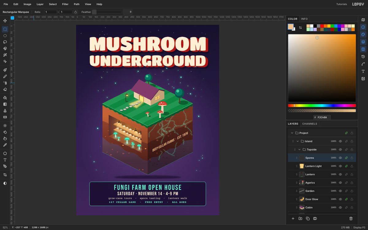 Lopsy editing the finished Mushroom Underground flyer, with the Layers panel open beside an isometric block of earth under a cream and red 3D title