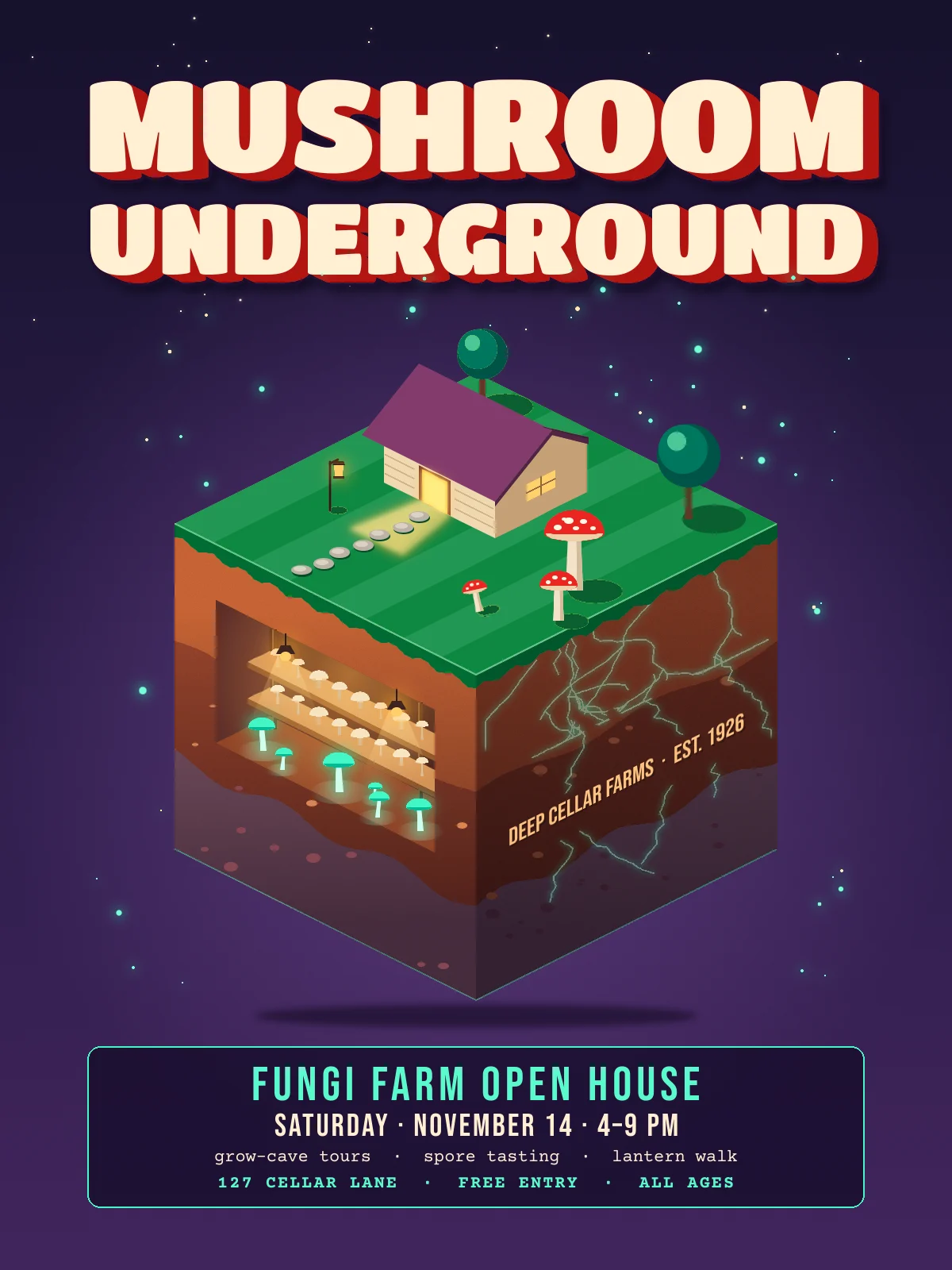 The finished flyer on a deep purple night sky. MUSHROOM UNDERGROUND runs across the top in chunky cream capitals with a dark red 3D extrusion. Below it floats an isometric block of earth. On its grass top are a small cabin with a glowing doorway, a stepping-stone path, a lantern, two teal trees and three red-and-white fly agarics. The left face is cut away to show a grow cave with shelves of cream mushrooms, two hanging lamps and glowing mint mushrooms on the floor. Glowing mint mycelium threads spread through the right face behind the skewed words DEEP CELLAR FARMS · EST. 1926. Mint spores float in the sky, and a rounded panel at the bottom reads FUNGI FARM OPEN HOUSE, SATURDAY · NOVEMBER 14 · 4–9 PM, grow-cave tours · spore tasting · lantern walk, 127 CELLAR LANE · FREE ENTRY · ALL AGES