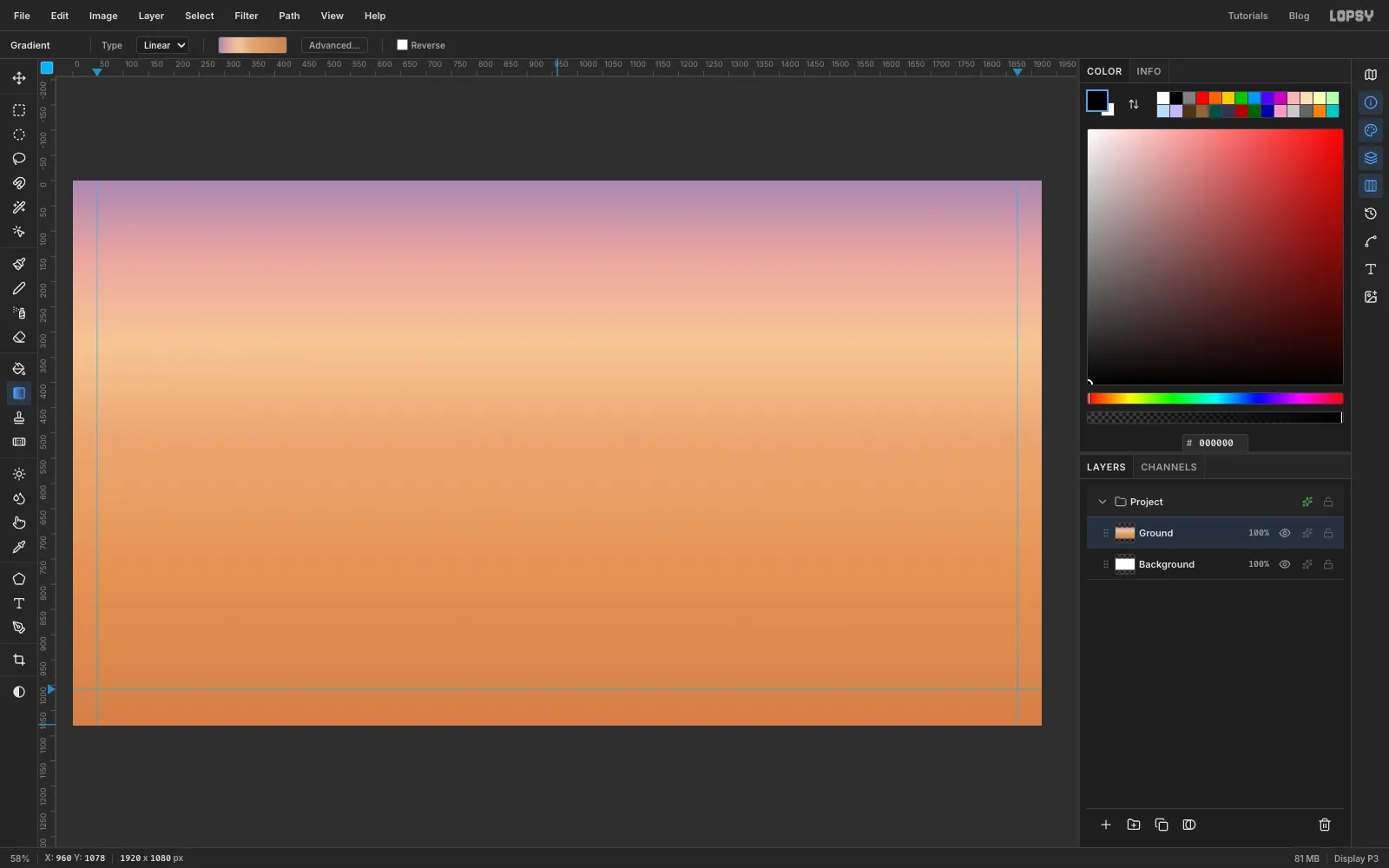 A 1920 by 1080 canvas filled with a gradient from dusty violet at the top through peach to warm sand at the bottom, with guides at the edges