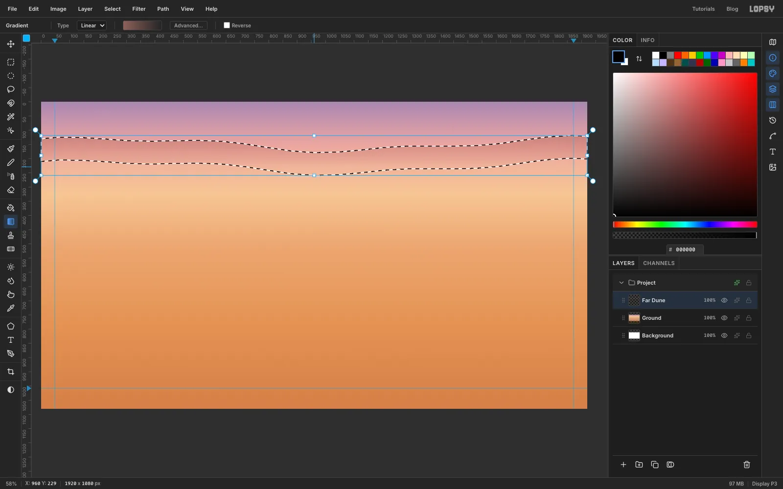 A wavy band lasso-selected across the upper third of the canvas, filled with a soft mauve shadow that fades downhill
